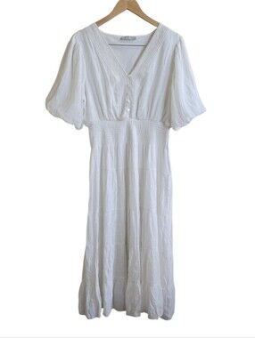J Gee Cottagecore Peasant Smocked Waist Puff Sleeve V-neck Midi Dress. Est Large